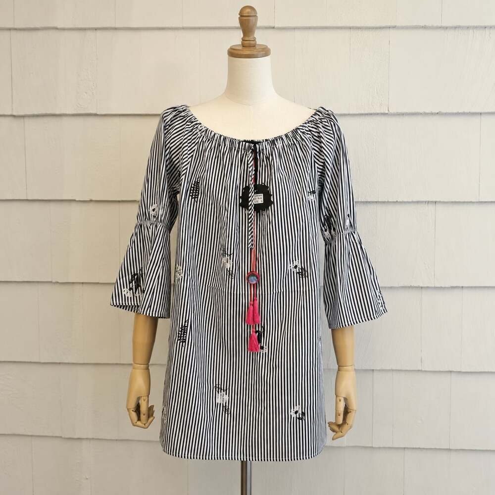 Lovposh NWT Blue & White Striped Off Shoulder Embroidered Boho Tunic Top Size S